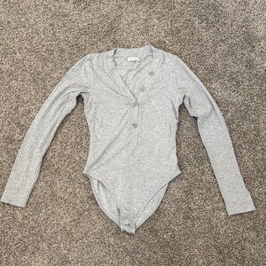 Good American Grey Ribbed Long-sleeve Bodysuit, Size 1 (Small)